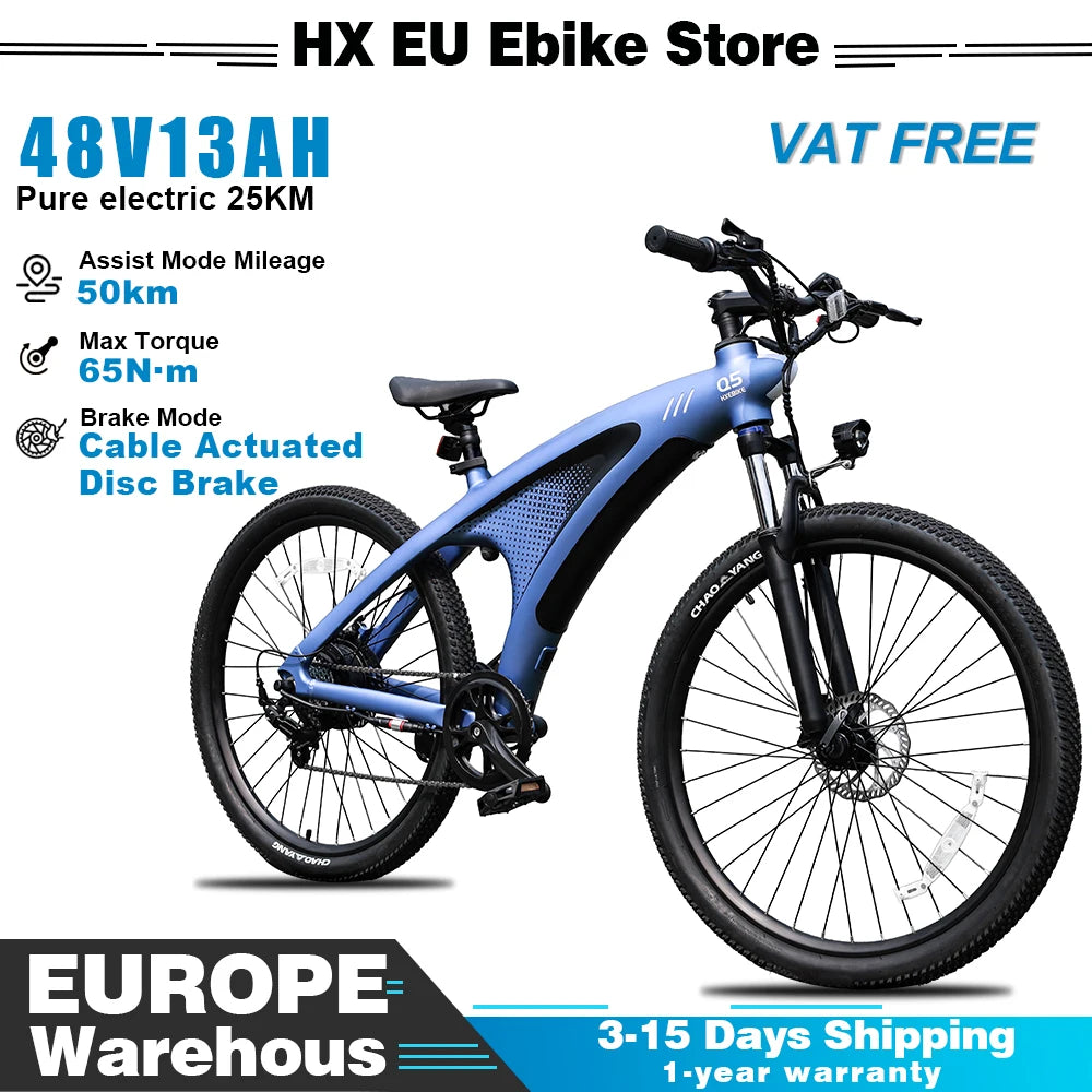 Bicicleta eléctrica HX Q5 con cuadro Shark de 27.5'', bicicleta de montaña eléctrica de 48V 13Ah, 25 km/h, bicicleta eléctrica para desplazamientos urbanos, frenos de doble disco, e-bike