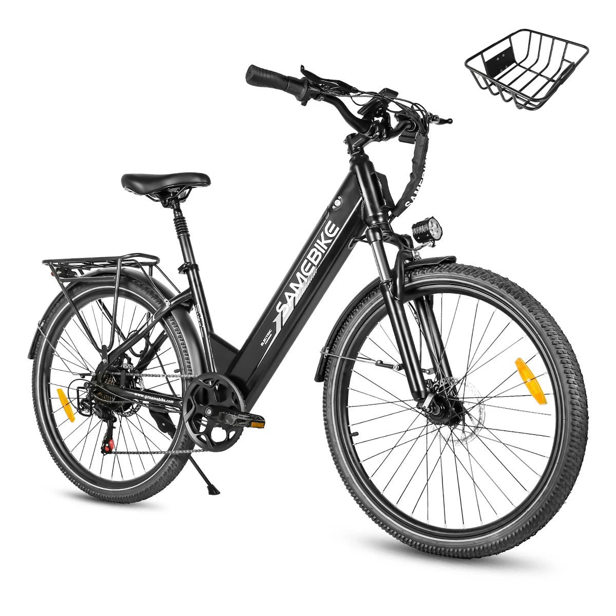 Bicicleta eléctrica SAMEBIKE RS-A01PRO-T de 26 pulgadas, batería de 36V 15Ah, doble suspensión, frenos de disco mecánicos, cesta delantera, portaequipajes trasero, bicicleta eléctrica urbana para adultos