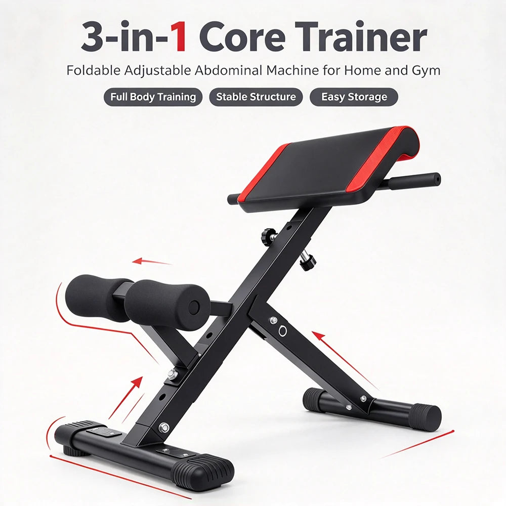 Banco de entrenamiento multifuncional 3 en 1 para abdominales, espalda y core, con respaldo ajustable de 4 capas (rango de altura 94–110 cm) para gimnasio en casa y entrenamiento de fuerza.