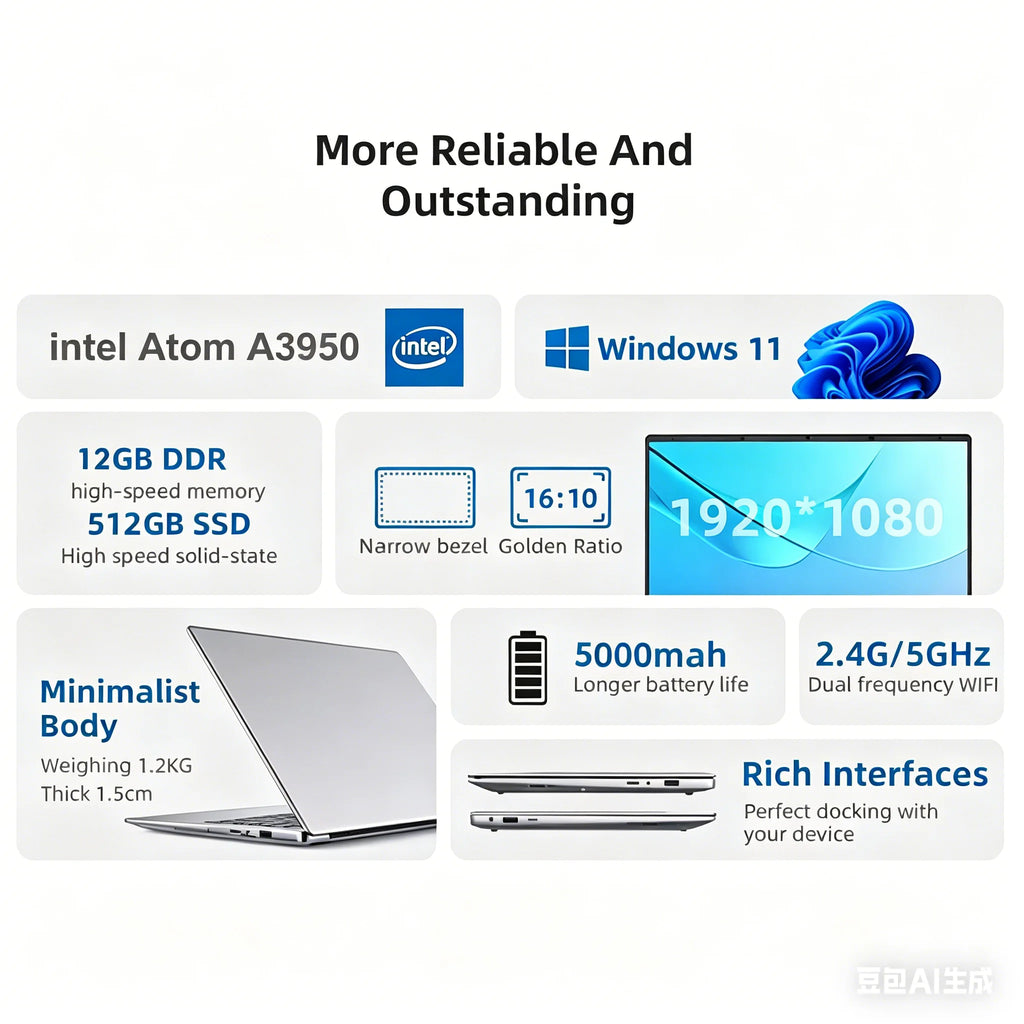 Ordenador portátil Xiaman de 14,1", Windows 11 Pro, Intel Atom A3950, portátil ultra fino, 12 GB, 1 TB, 1920*1080P, PC para oficina y estudio