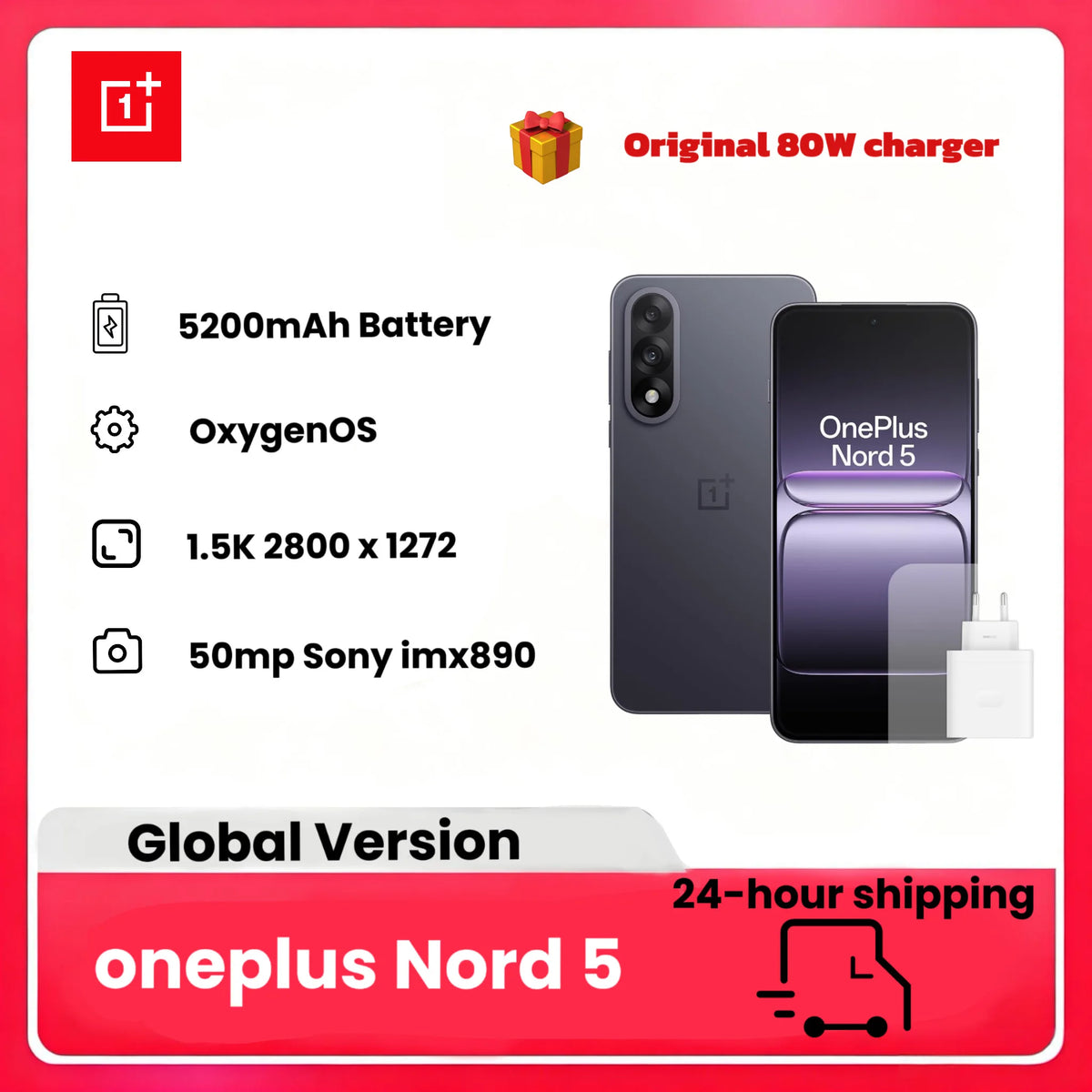 Smartphone OnePlus Nord 5, pantalla AMOLED de 6,83 pulgadas, Snapdragon 8s Gen 3, cámara dual de 50 MP, batería de 5200 mAh, con cargador de 80 W