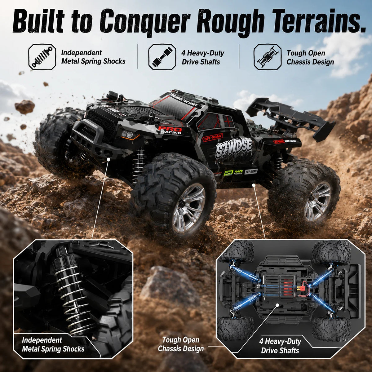 SZWDSE 1:16 4WD RC Car, 35 km/h High Speed, 2.4GHz 80m Anti-Interference Remote Control, Dual 7.4V 1500mAh Batteries for 32 minutes of run time, Splash-Resistant, Independent Suspension with Metal Shock Absorbers, Off-Road Ti