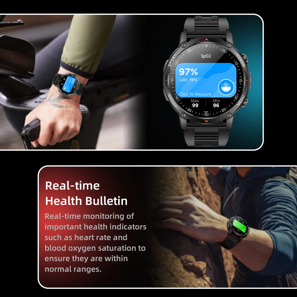 Nuevo reloj inteligente duradero T-rex3 para hombre con batería de 1400mAh, pantalla HD de 1.53", rastreador de actividad física, oxígeno en sangre y linterna LED para Android 2026