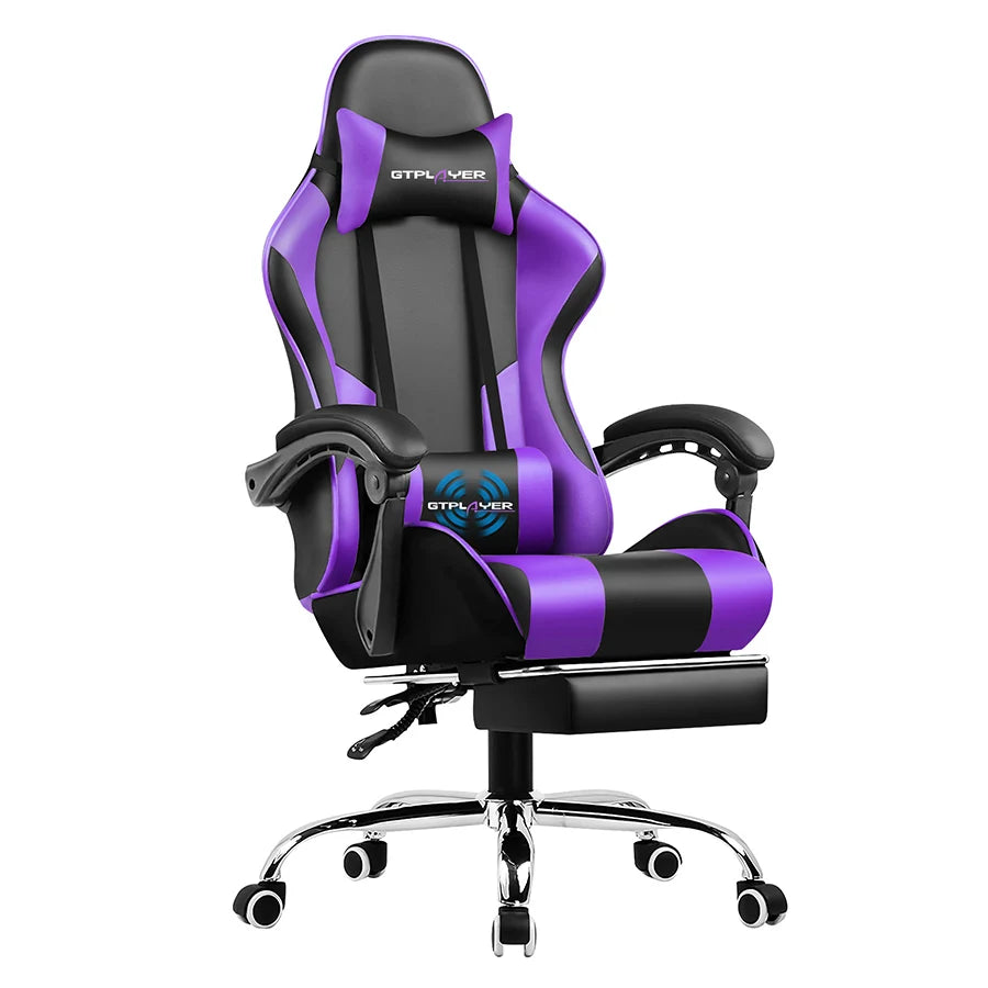 Silla gaming negra y morada con reposapiés, reposacabezas, soporte lumbar y ruedas