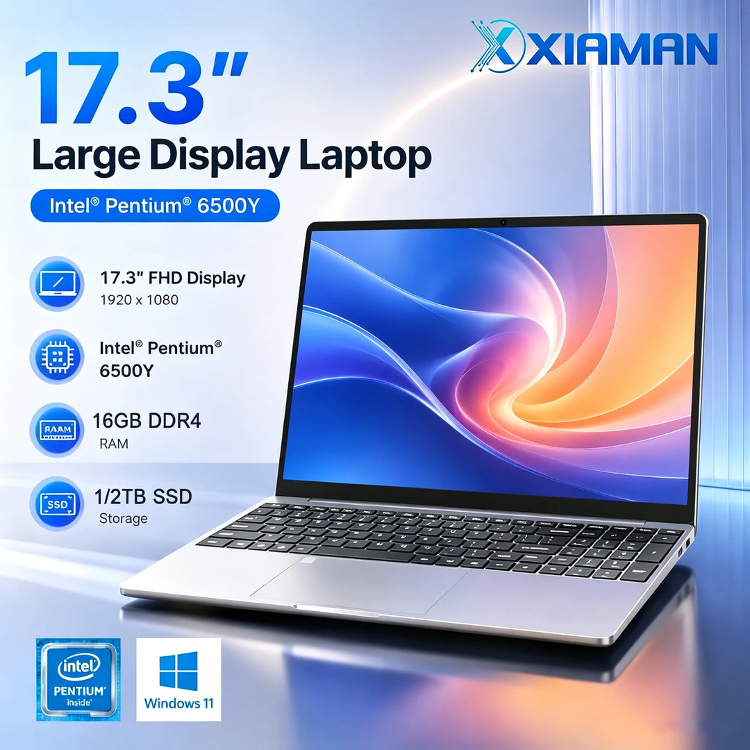 Xiaman 2026 NUEVO Portátil Empresarial Intel de 17.3 Pulgadas, Computadora Portátil Intel Pentium 6500Y, 16 GB de RAM, 1 TB/2 TB SSD, 1920*1080P, Windows 11, Huella Dactilar, Oficina, Aprendizaje, Entretenimiento, PC