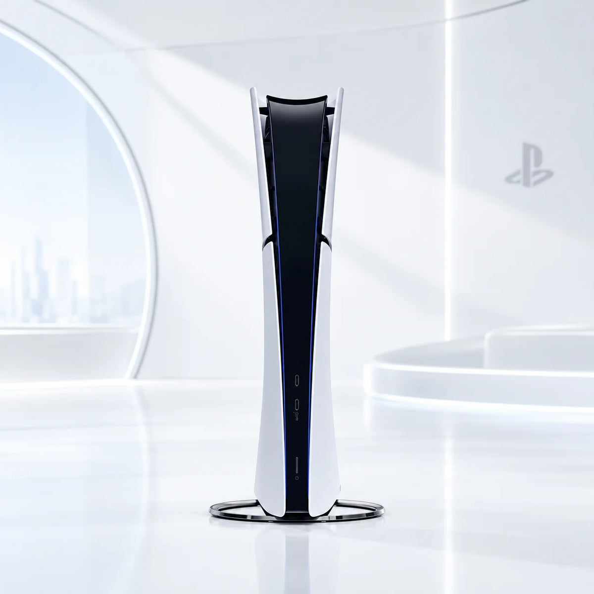 Consola PS5 Digital Edition vertical blanca con franja negra