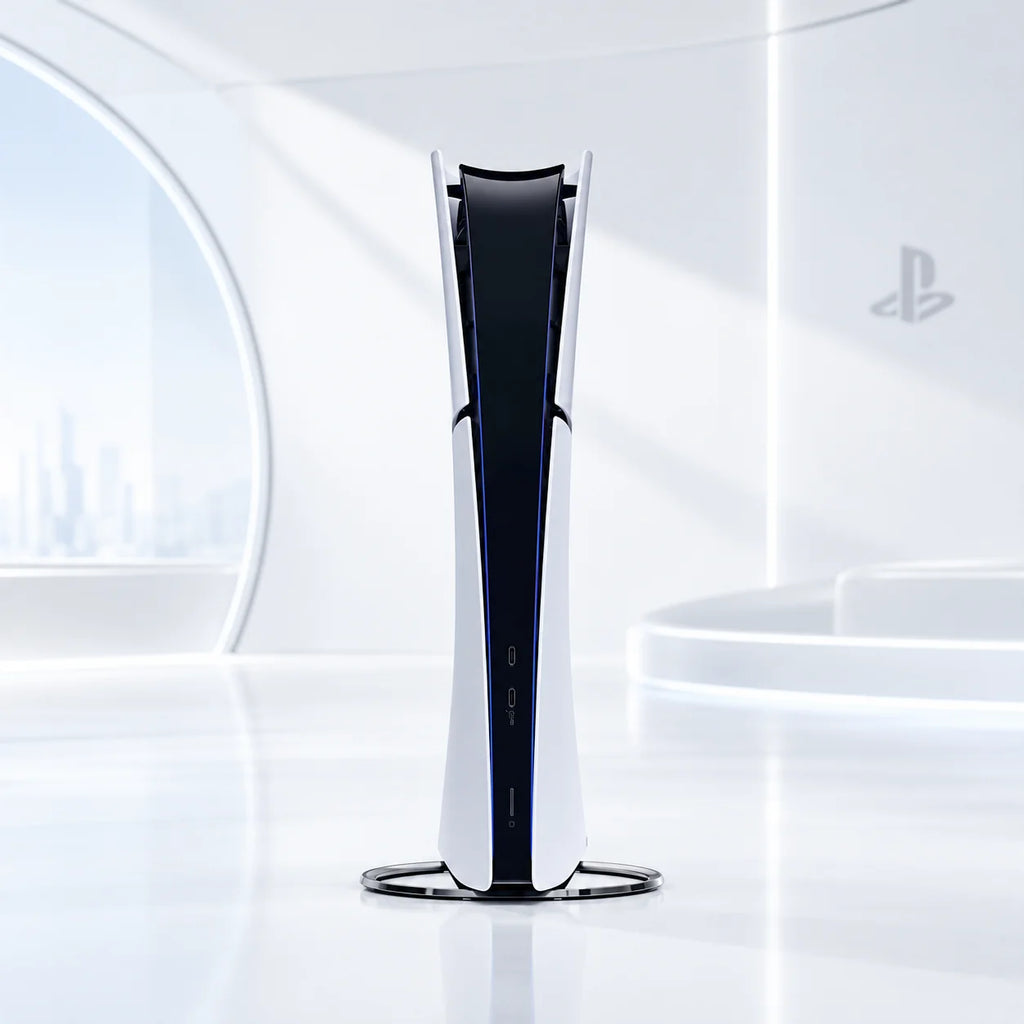 Consola PlayStation 5 Digital Edition blanca y negra, vista frontal vertical