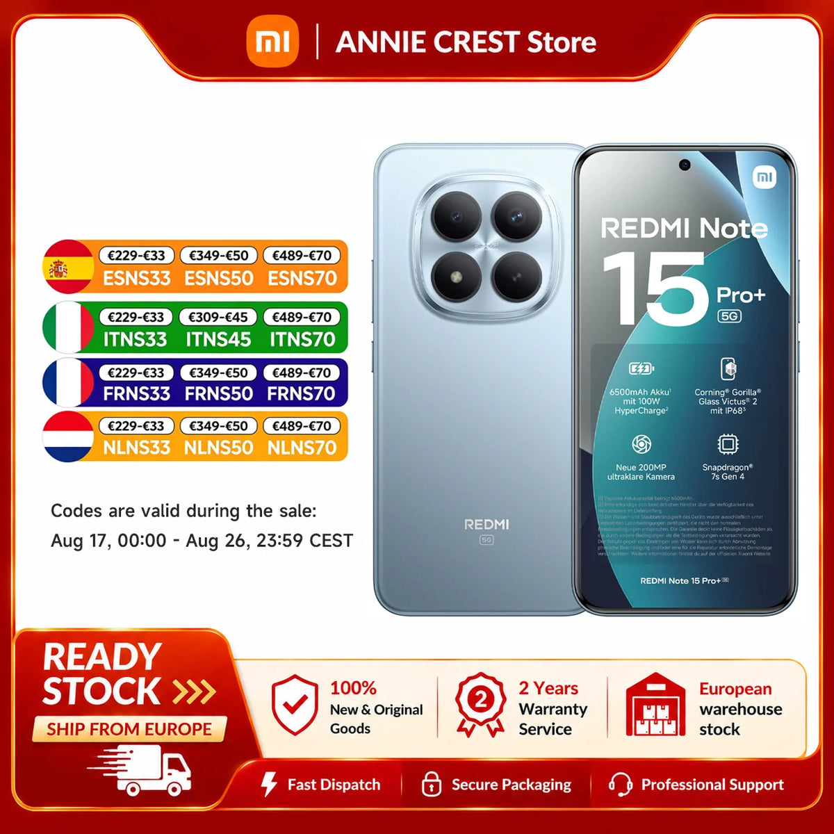 Smartphone Xiaomi Redmi Note 15 Pro Plus 5G, pantalla CrystalRes AMOLED de 6,83 pulgadas, NFC, batería de 6500 mAh, cámara principal de 200 MP, Xiaomi HyperOS, procesador octa-core de hasta 2,7 GHz