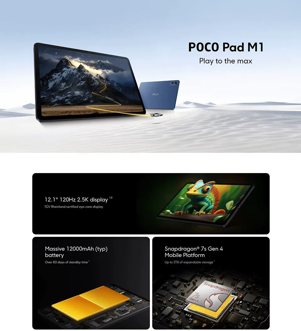 Tableta POCO Pad M1 12.1" Pantalla 2.5K 120Hz Procesador Snapdragon 7S Gen 4 Batería de 12000mAh Sistema Xiaomi HyperOS 2