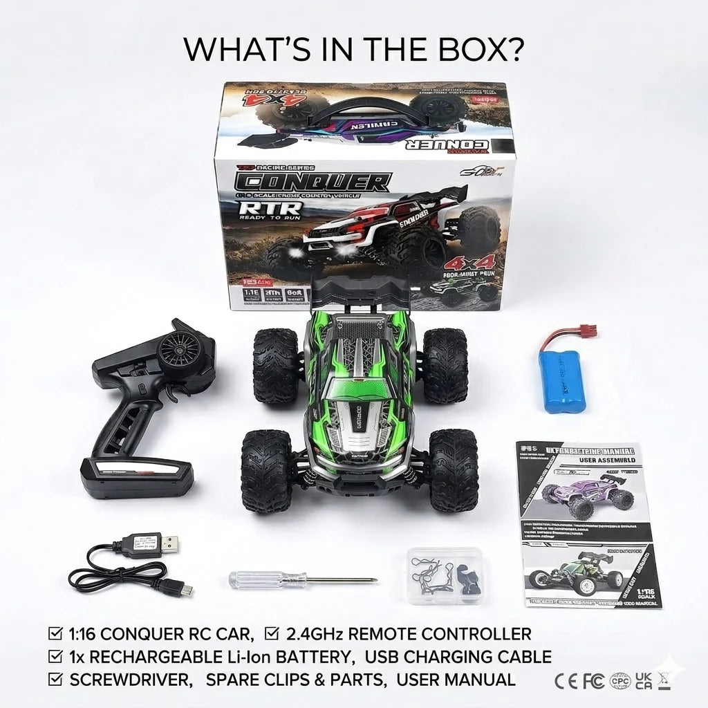 1:16 Scale Fast Remote Control Car, 50 KM/H High Speed 4WD with Powerful 390 Motor, Metal Anti-Vibration Shock Absorbers & IPX4 Waterproof, 2.4GHz Hobby Grade Monster Truck Buggy Ready to Run, Ideal All Terrain Off-Road Racin