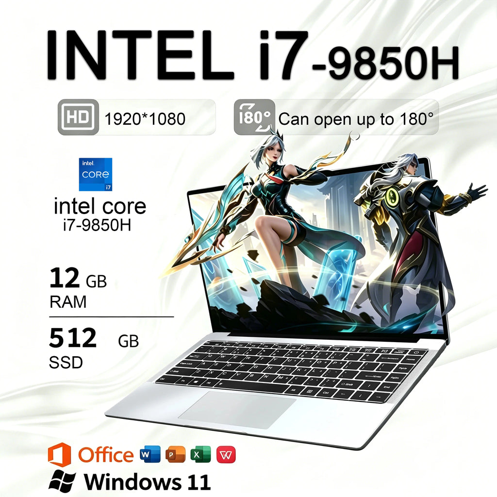 Nuevo Ordenador Portátil 2026 con Windows 11, Intel Core I7 9850H, Notebook para Juegos, 16GB de RAM, 512GB/1TB SSD, 1920*1080, Ordenador de Oficina