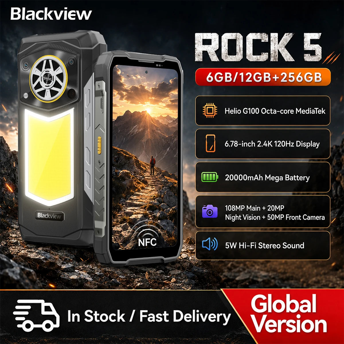 Blackview ROCK 5 Rugged Smartphone Android 16 6.78'' 2.4K Display Camping Lantern 20000mAh 108MP NFC Mobile Phone