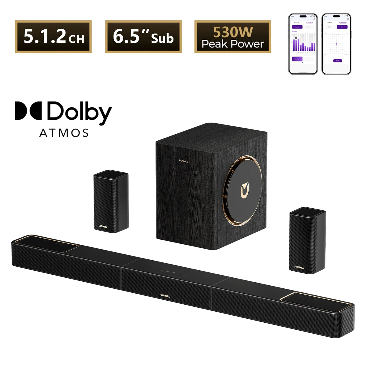 Barra de Sonido ULTIMEA Skywave Series 530W 5.1.2 Canales con Dolby Atmos, Sistema de Sonido Envolvente de Cine en Casa con Subwoofer Inalámbrico de 6.5 Pulgadas