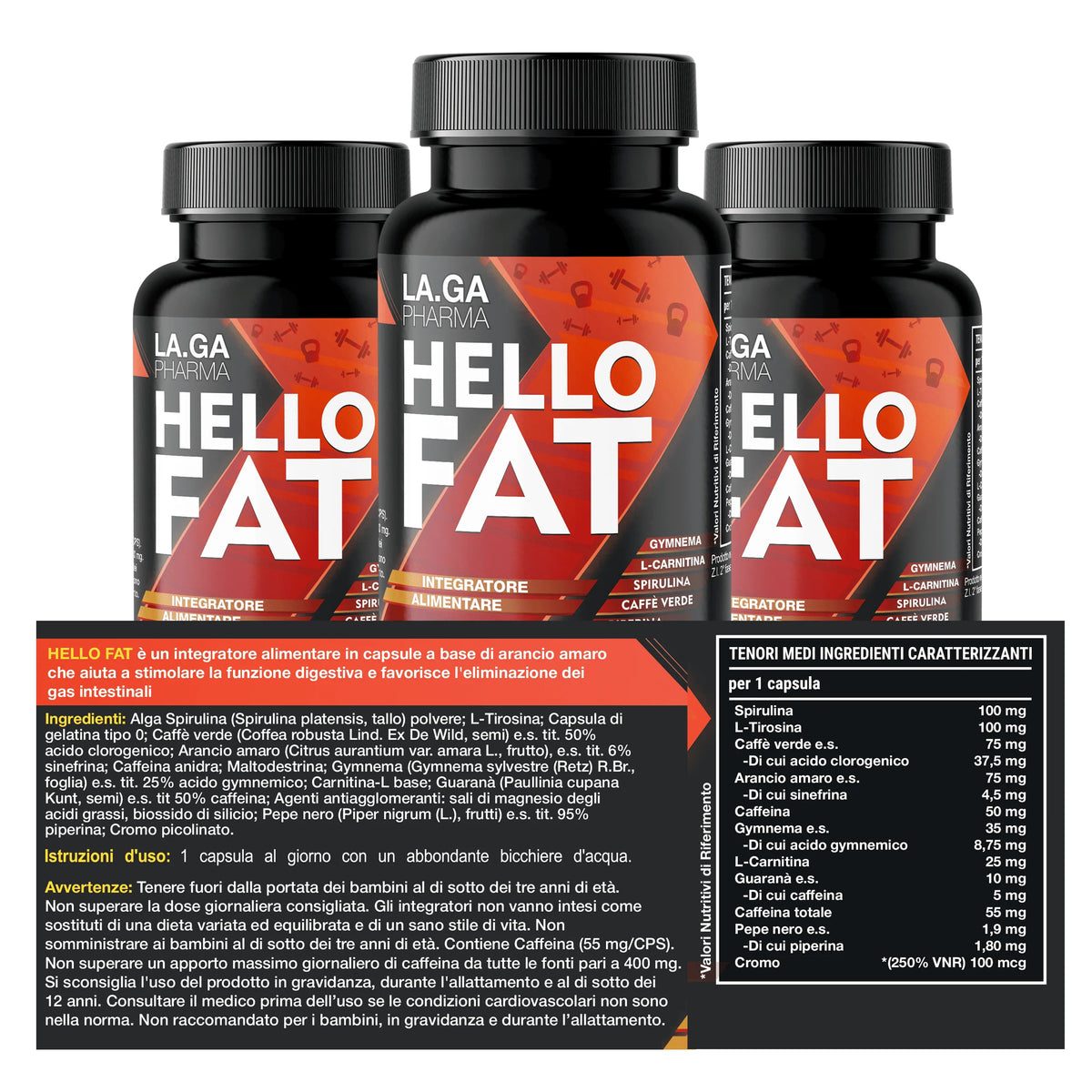 HelloFat© Suplemento con Espirulina, L-Tirosina, Naranjo Amargo, Piperina, Cromo. Natural Complex para Hombre y Mujer, Fórmula Completa, 60 Cápsulas Fabricado en Italia, 2 Meses.