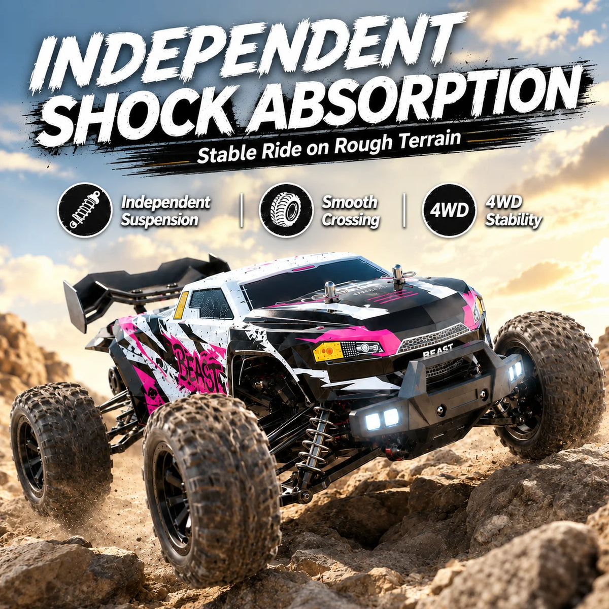 ZNLYRION Camioneta RC Todoterreno con Motor sin Escobillas 4x4, Buggy Todoterreno, Control Remoto de Precisión 2.4G con Interruptor de Luces, Neumáticos Grandes y Resistentes, Auto RC con 2 Baterías, Regalo para Amantes de