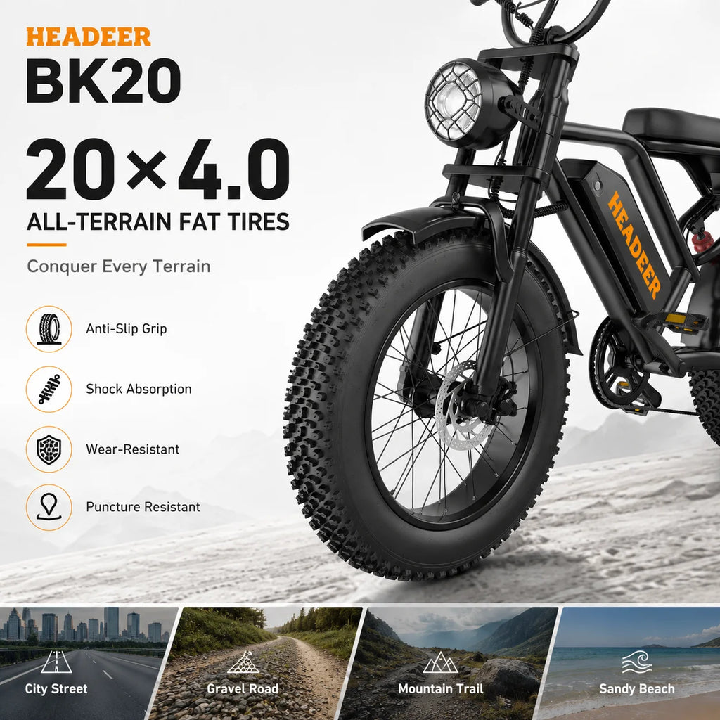 HEADEER BK20 750W Fat Tire Electric Bike for Adults, 48V 20Ah Battery, 20x4.0 All-Terrain E-Bike, 50KM/H, Dual Suspension