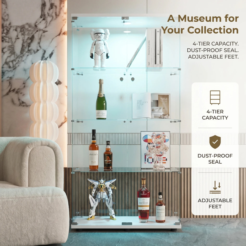 Vitrina de cristal con iluminación LED de 2 puertas, gabinete curio de 4 niveles con estantes de vidrio templado, expositor para coleccionables, figuras, vino o libros para el hogar u oficina