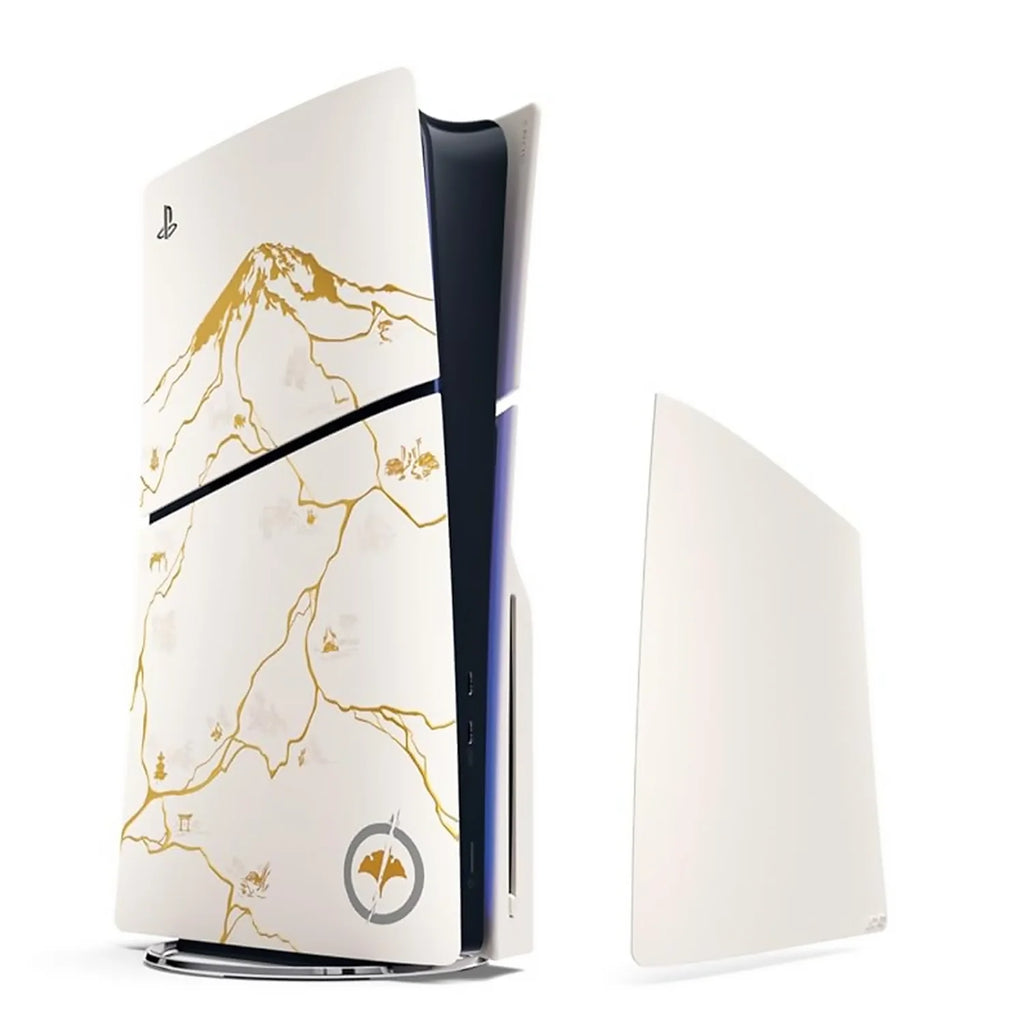 Consola PlayStation 5 Slim blanca con mapa dorado, vista lateral