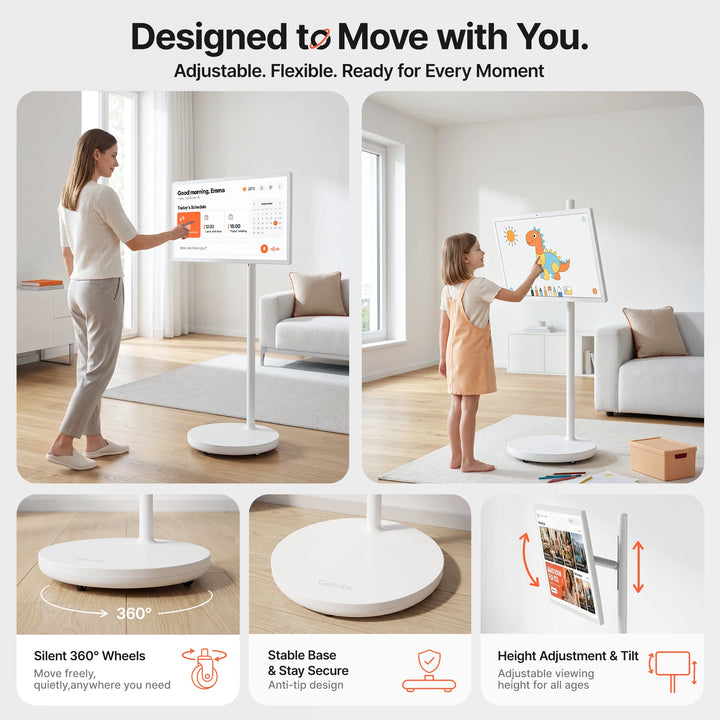 TV Portátil con Pantalla Táctil Inteligente de 32" con Soporte Giratorio, Batería de 8000 mAh, Altura Ajustable, Altavoz de 10W*4, Cámara de 13MP, Wifi 5, Android 15, Certificado por Google, 1080P FHD, Soporte de Altura A