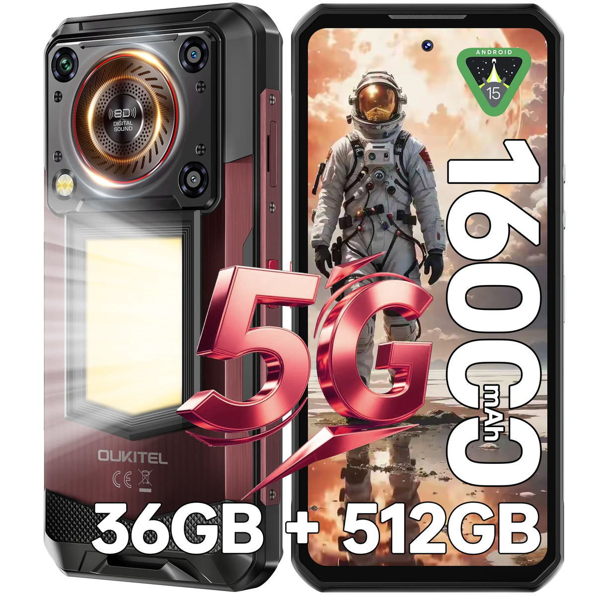 OUKITEL WP56, teléfono inteligente resistente 5G, desbloqueado, 32 GB + 256 GB/512 GB, Android 15, teléfono resistente, 16000 mAh con luz de camping, pantalla FHD+ de 6,8" y 120 Hz, carga rápida de 45 W, cámara de 108 MP,