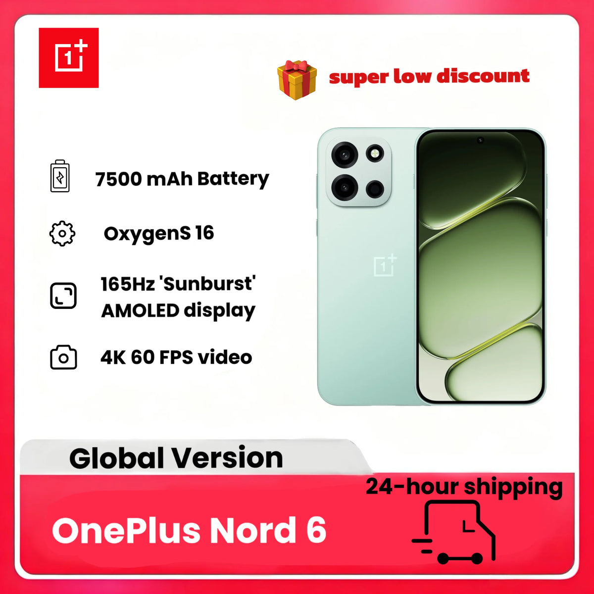 NUEVO smartphone OnePlus Nord 6 2026, Edición Global, 12+512GB, Batería de 7500mAh, Serie Snapdragon 8, 165Hz, Cámara de 50MP, Sin cargador