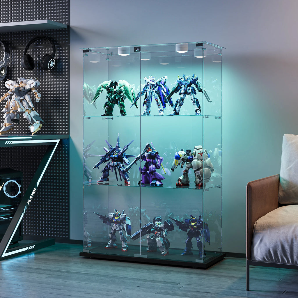 Vitrina de cristal, mueble expositor con iluminación LED, 3 niveles, 2 puertas y cerradura de seguridad, adecuada para salón y dormitorio