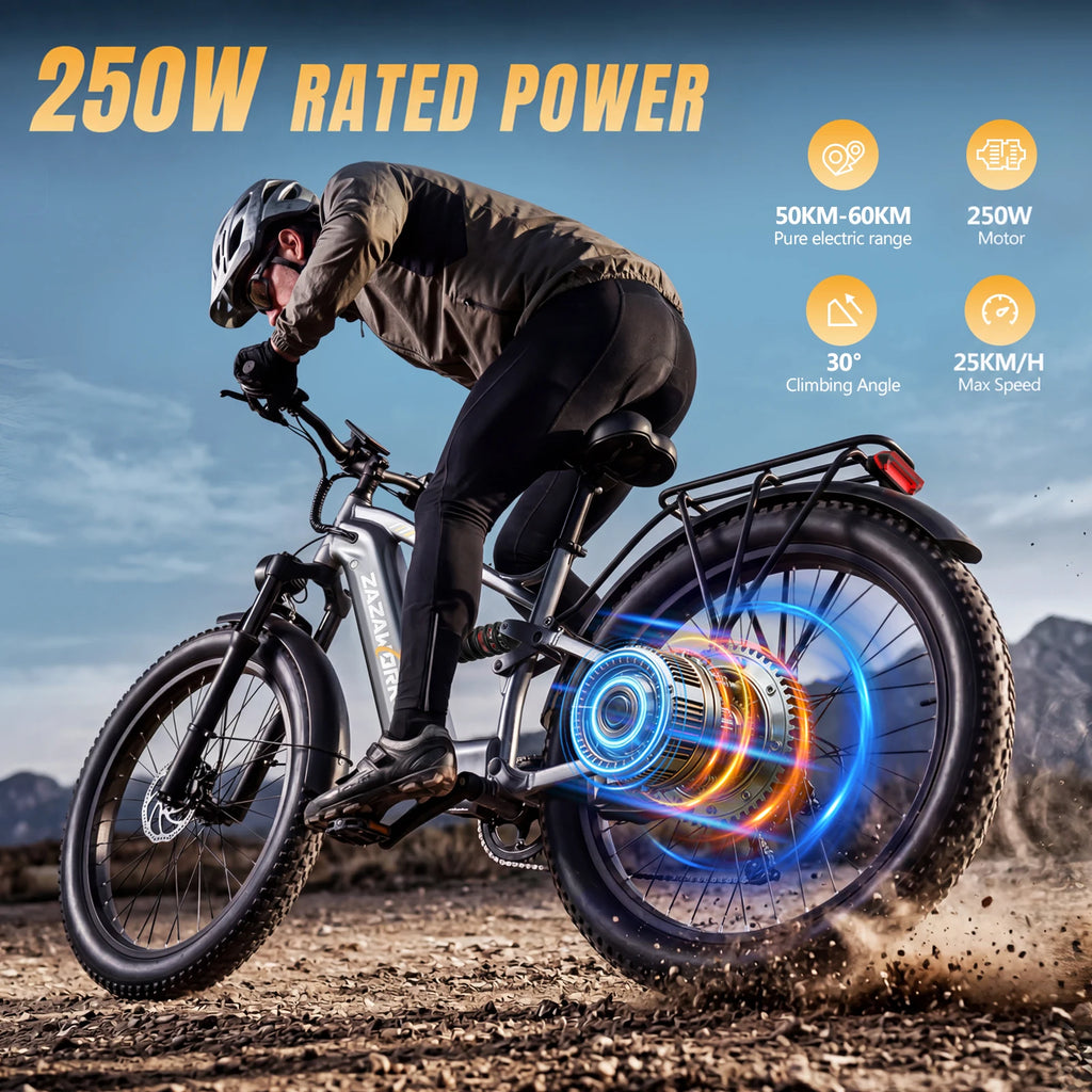 ZAZAWORK CF500 27.5' Fat Tire Full Suspension Electric Bike 250W 48V 20Ah Battery 7-Speed Hydraulic Disc Brake Up to 120km Range All-Terrain Commuter CE Certified