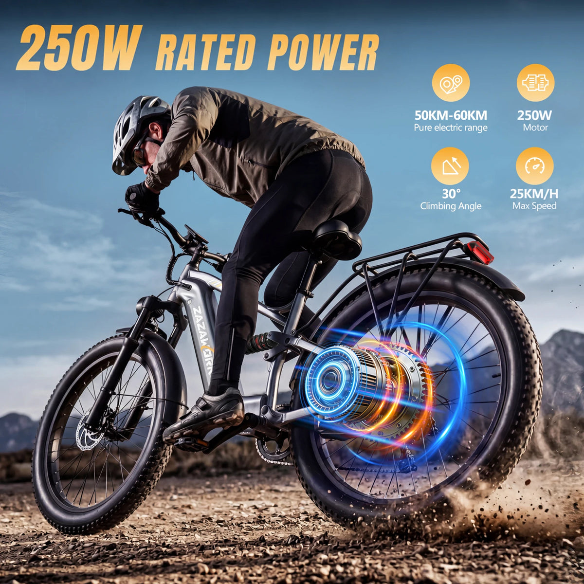 ZAZAWORK CF500 27.5' Fat Tire Full Suspension Electric Bike 250W 48V 20Ah Battery 7-Speed Hydraulic Disc Brake Up to 120km Range All-Terrain Commuter CE Certified