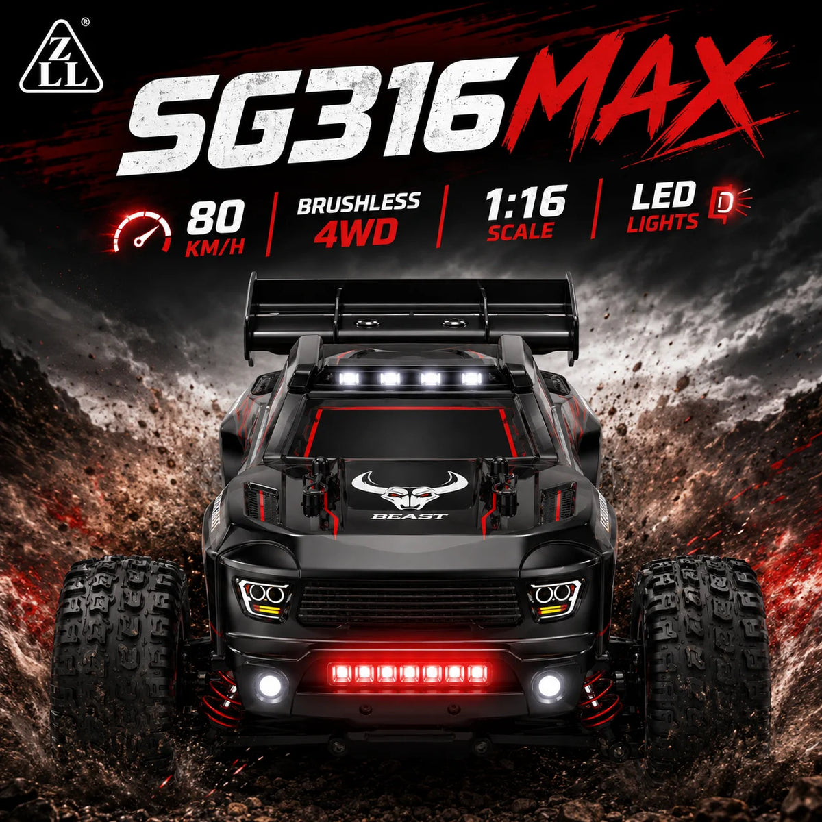 Auto RC sin Escobillas de Alta Velocidad 80km/h para Todo Terreno con Luces LED Brillantes, Control Remoto 2.4G, Camioneta RTR 1/16, Auto Todoterreno 4WD