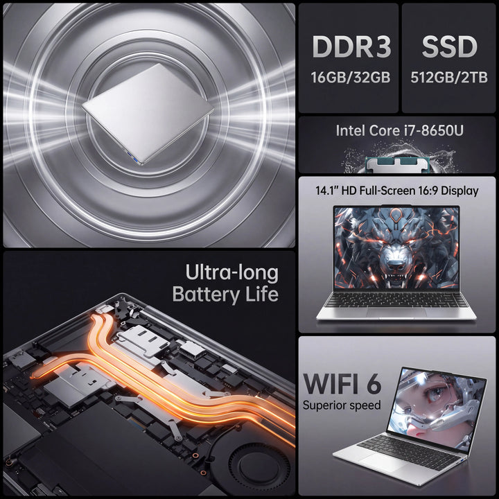 Nueva computadora portátil de 14,1 pulgadas con 16 GB o 32 GB de RAM, 512 GB o 1 TB o 2 TB de almacenamiento SSD, procesador Intel Core i7 8650U, ideal para oficina, estudios y juegos, con Windows 11 y WiFi 6.
