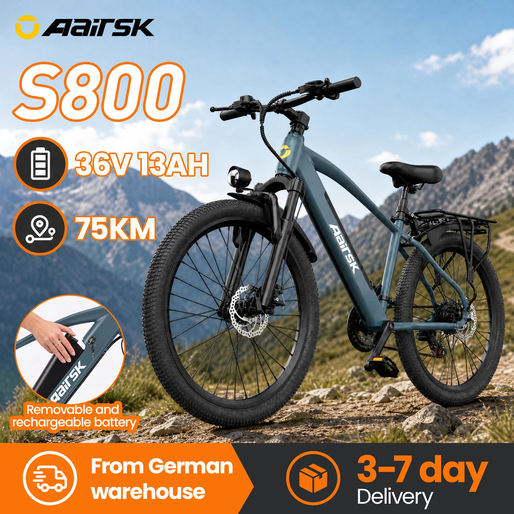 Bicicleta eléctrica urbana Aairsk S800 de 26", batería extraíble de 36V 13Ah con autonomía de 40-60 km, bicicleta eléctrica de 7 velocidades y 250W con bloqueo inteligente NFC y suspensión delantera, e-bike urbana y de montaña para adultos de 25 km/h