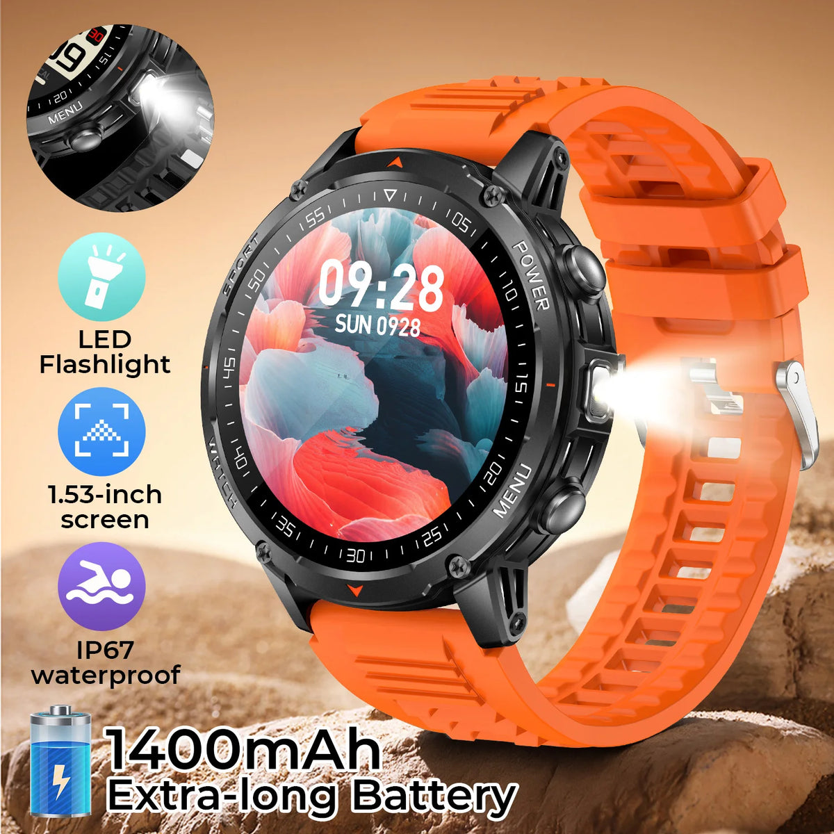 New Durable 1400mAh Battery T-rex3 Men Smartwatch 1.53"HD Screen Fitness Tracker Blood Oxygen LED Flashlight for Android 2026