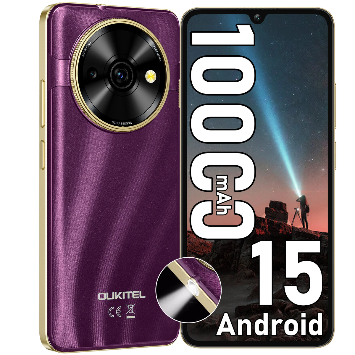 OUKITEL C59 Teléfono Celular Android 15 Desbloqueado, Batería de 10000mAh (2025), 16GB + 128GB/TF 1TB, Smartphone con Pantalla de 6.88'', Linterna de 120LM