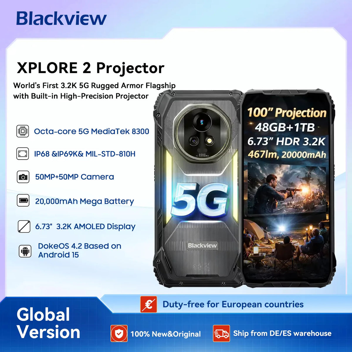 Smartphone resistente Blackview XPLORE 2 con proyector 5G e IA, pantalla AMOLED de 6,73" y 3,2K, cámara de 50 MP, 20000 mAh, teléfono móvil para exteriores con NFC
