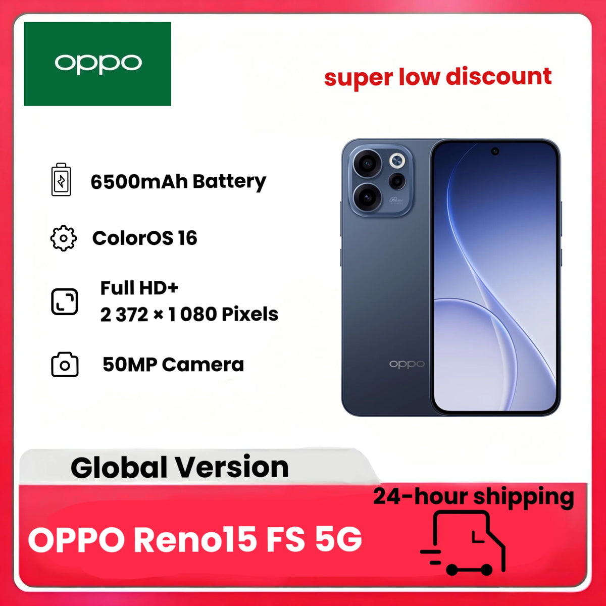 Teléfono inteligente Android OPPO Reno15 FS 5G, 8 + 512 GB, pantalla de 120 Hz, cámara selfi ultra gran angular de 50 MP con campo de visión de °, AI Portrait Glow, batería mAh, IP69, carga rápida SUPERVOOC de 80 W, cargador excluido