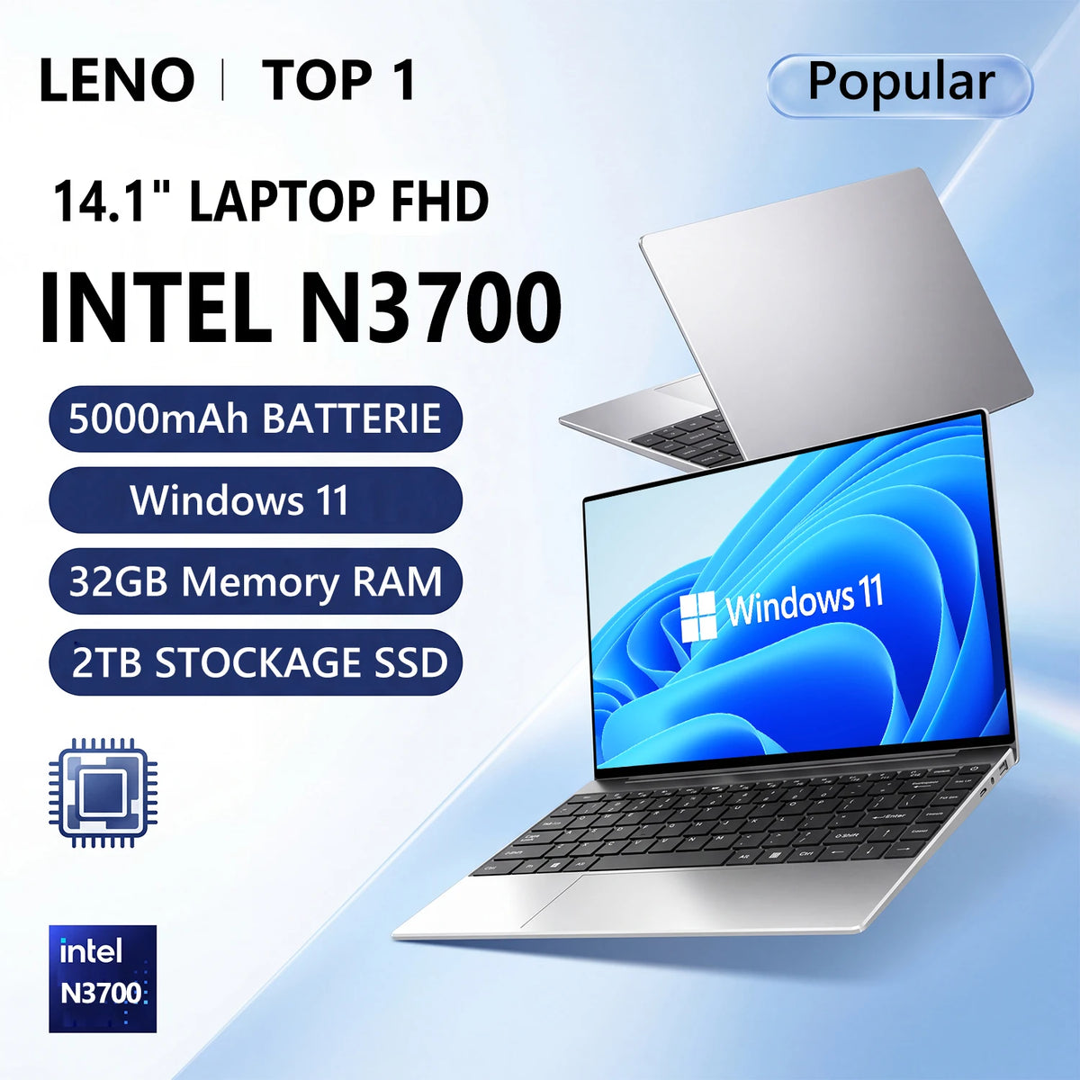 Portátil de 14,1 pulgadas 2026, 16 GB de RAM, SSD de 512 GB/1 TB/2 TB, Intel N3700, Windows 11, PC portátil para oficina, estudio y juegos