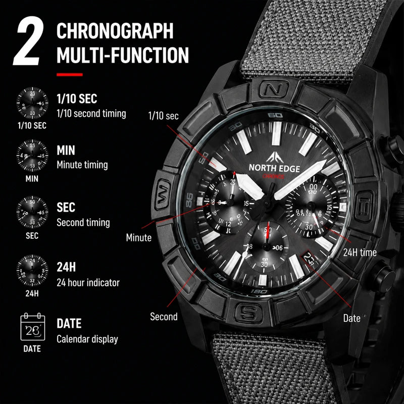 NORTH EDGE BLAZE 2026 Relojes para hombre, energía solar, caja de acero inoxidable 316, reloj de cuarzo para hombre, estilo piloto, resistente al agua 50m, cronómetro