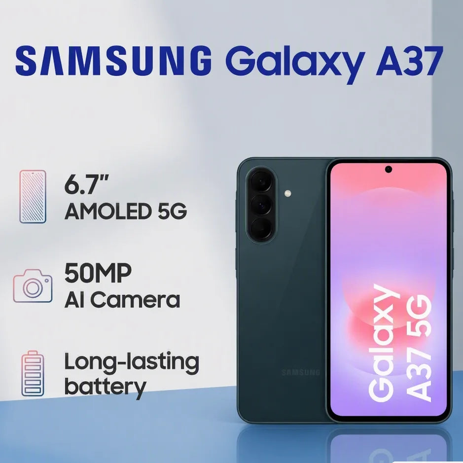 Samsung Galaxy A37 Pantalla Super AMOLED de 6,7”, batería de 5000 mAh, carga rápida de 45 W, funciones de IA, smartphone Android 5G, cargador incluido, versión global