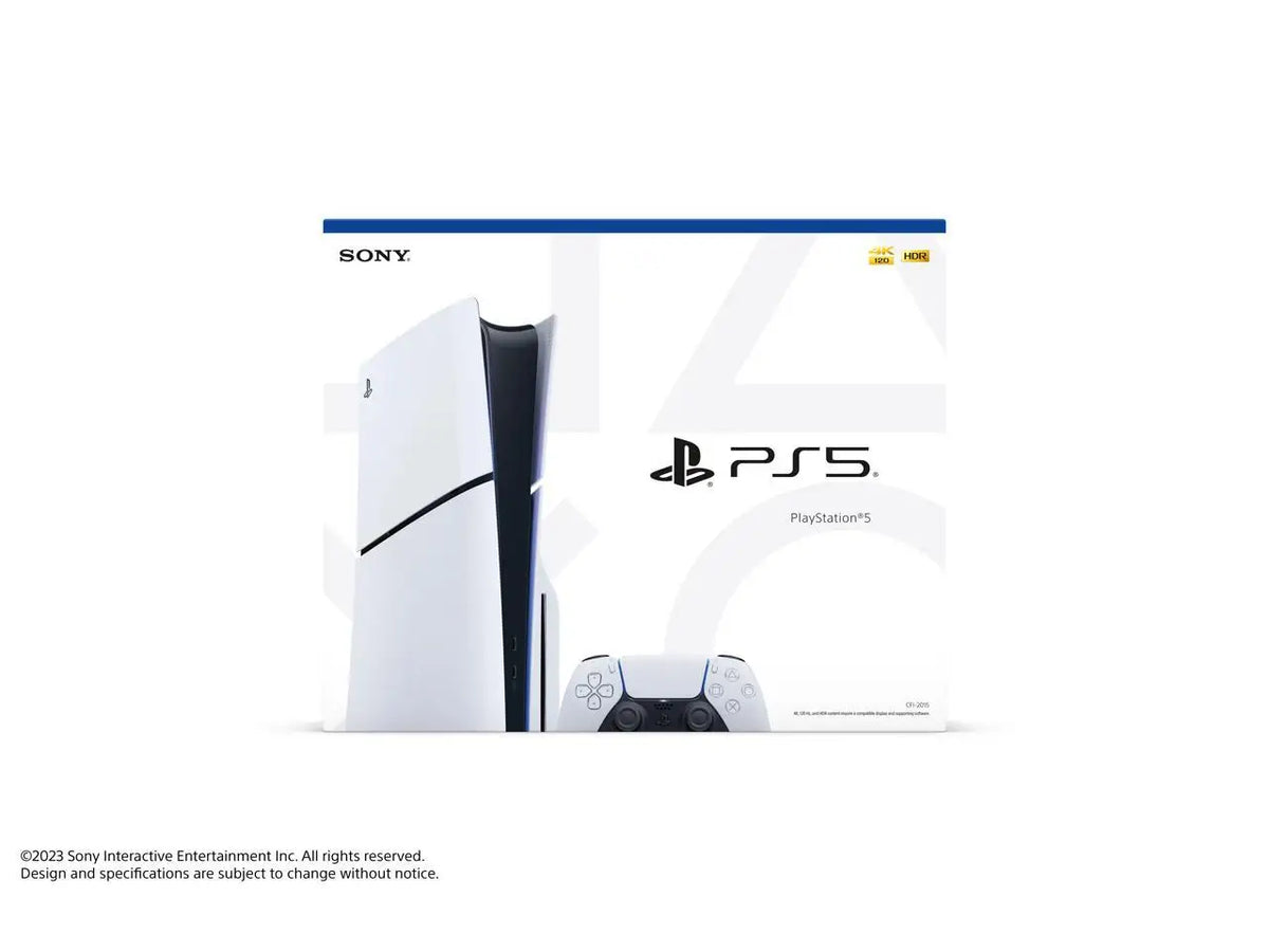 Caja PlayStation 5 Slim con consola blanca y control inalámbrico incluidos.