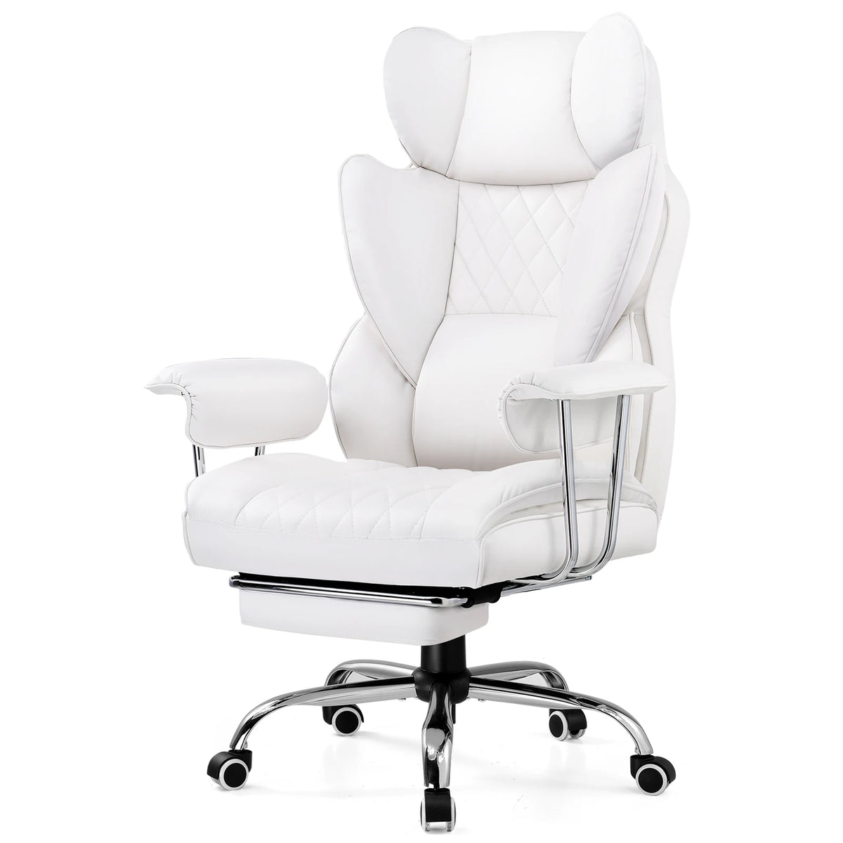 Silla gaming grande blanca con reposapiés, soporte lumbar acolchado y reposacabezas alto