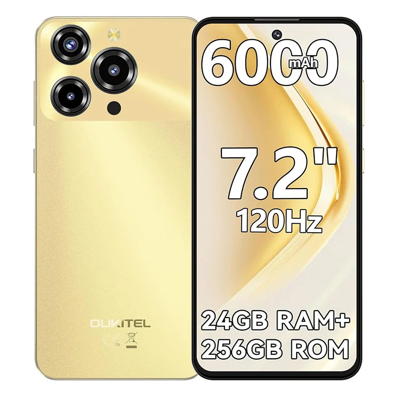 OUKITEL C69 4G [2025] Teléfonos celulares desbloqueados, teléfono inteligente Android 15, 24GB RAM + 256GB ROM/1TB, 6000mAh, pantalla HD+ de 7.2" y 120Hz