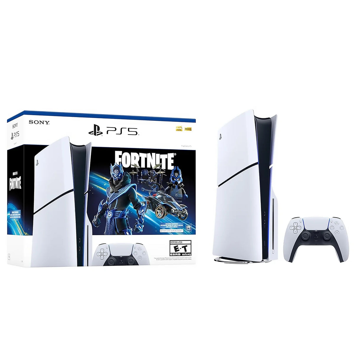Consola PlayStation 5 Slim con disco y caja Fortnite; incluye mando blanco