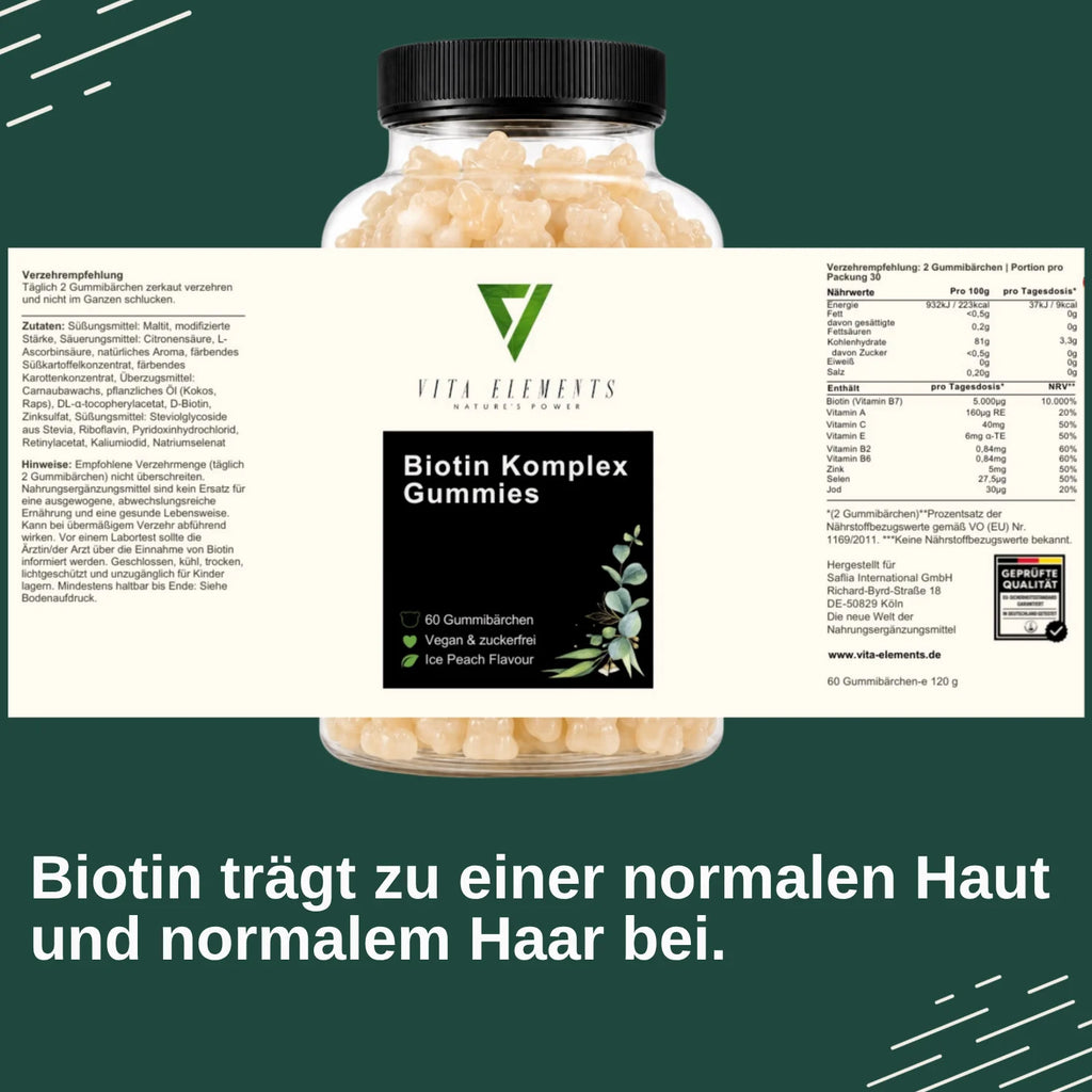 Gomitas de Biotina Compleja |     Probado en laboratorio en Alemania |     Suplementos para la salud |     Vitaminas de Belleza |     Con 5.000 µg de biotina |     Sin Adiciones Innecesarias |     Vegano |     60 gomitas |