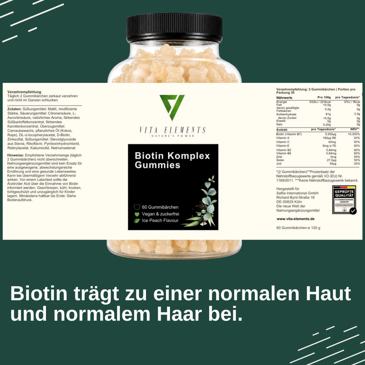Gomitas de Biotina Compleja |     Probado en laboratorio en Alemania |     Suplementos para la salud |     Vitaminas de Belleza |     Con 5.000 µg de biotina |     Sin Adiciones Innecesarias |     Vegano |     60 gomitas