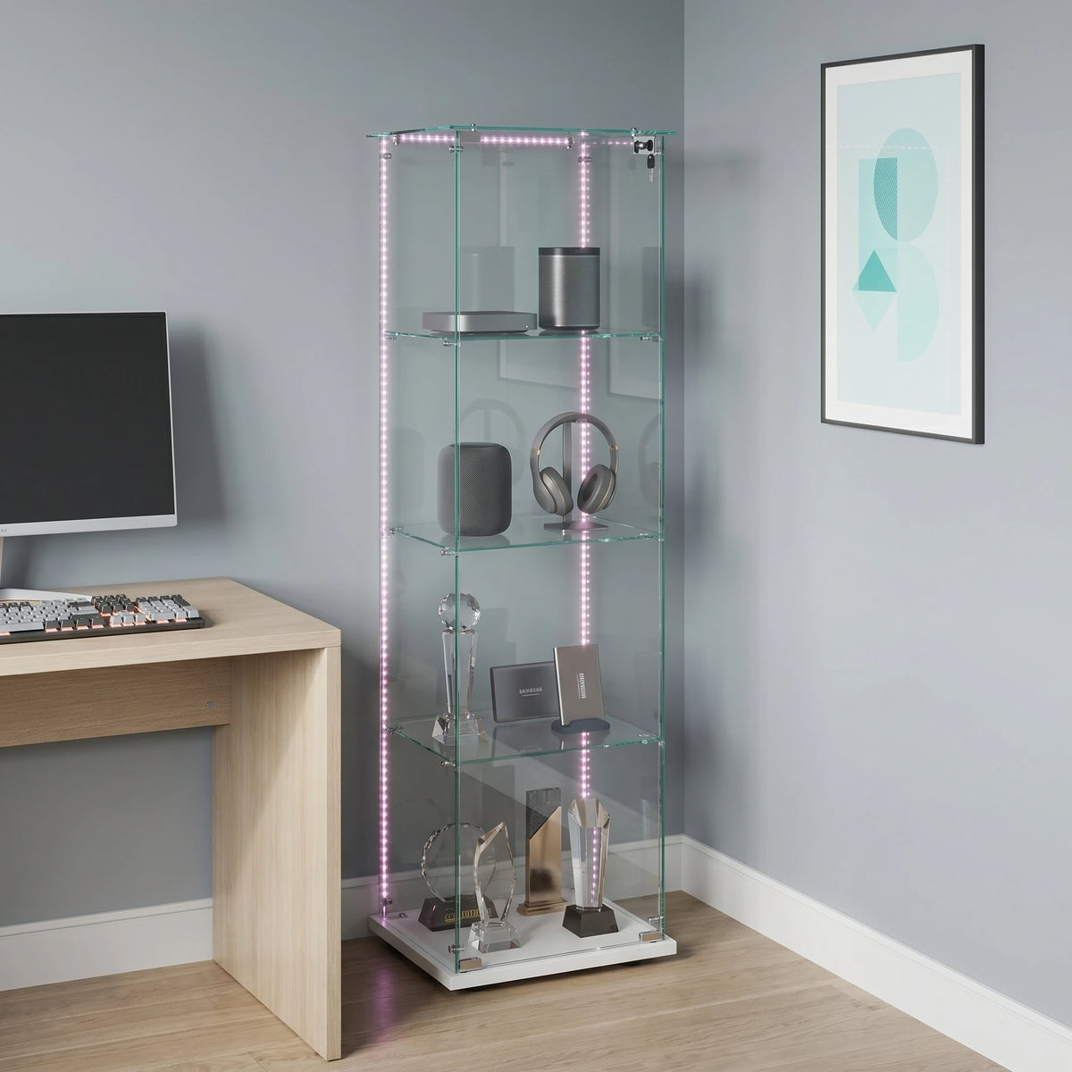 Vitrina de cristal Anajqaqia con tira LED, vitrina con cerradura, vitrina de cristal a prueba de polvo para colecciones, vitrina de cristal para sala de estar, dormitorio, blanca