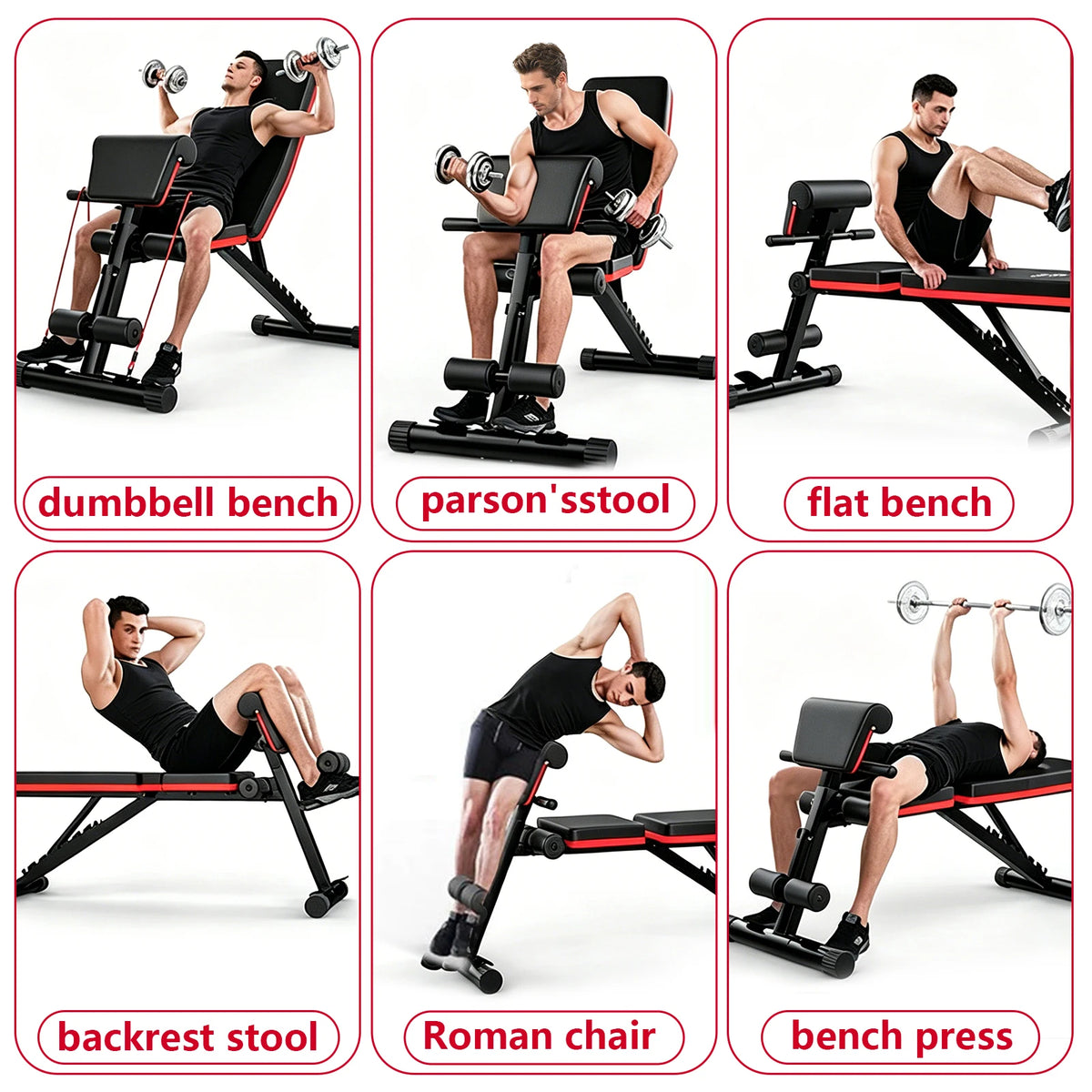 Banco de Pesas Plegable Multifuncional 6 en 1, Banco de Ejercicios con Respaldo Ajustable en 7 Posiciones y Cuerdas de Resistencia para Entrenamiento de Cuerpo Completo en Casa