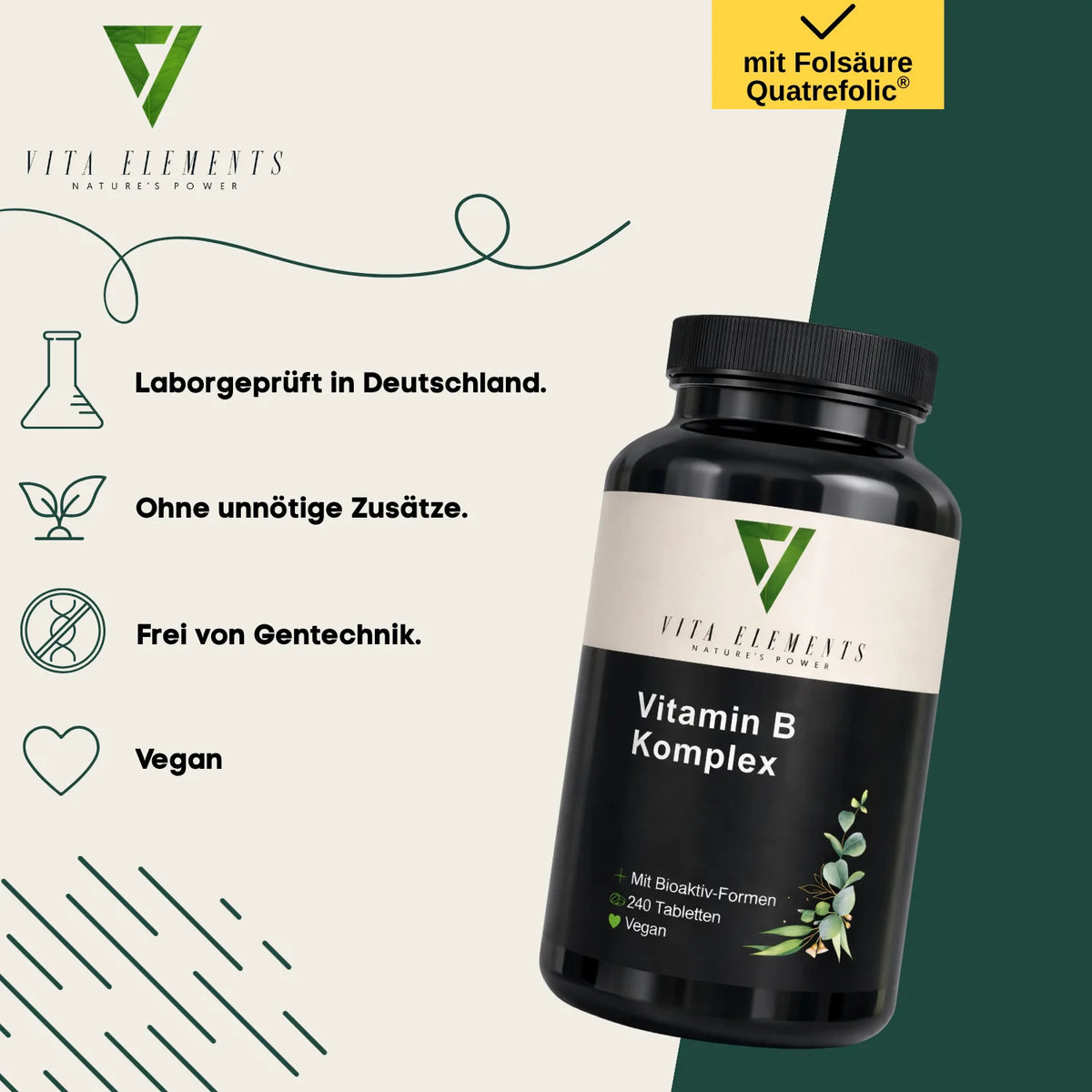 Tabletas de complejo de vitaminas B |     Probado en laboratorio en Alemania |     Suplementos alimenticios |     Con las 8 vitaminas del grupo B |     Con colina e inositol |     Vegano |     Libre de modificaciones genétic
