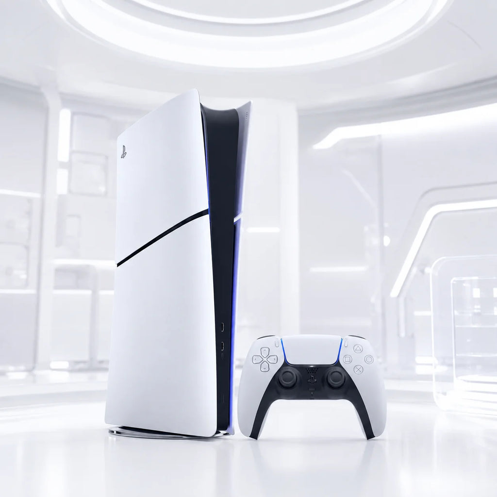 Consola PS5 blanca con franja negra y mando inalámbrico blanco y azul