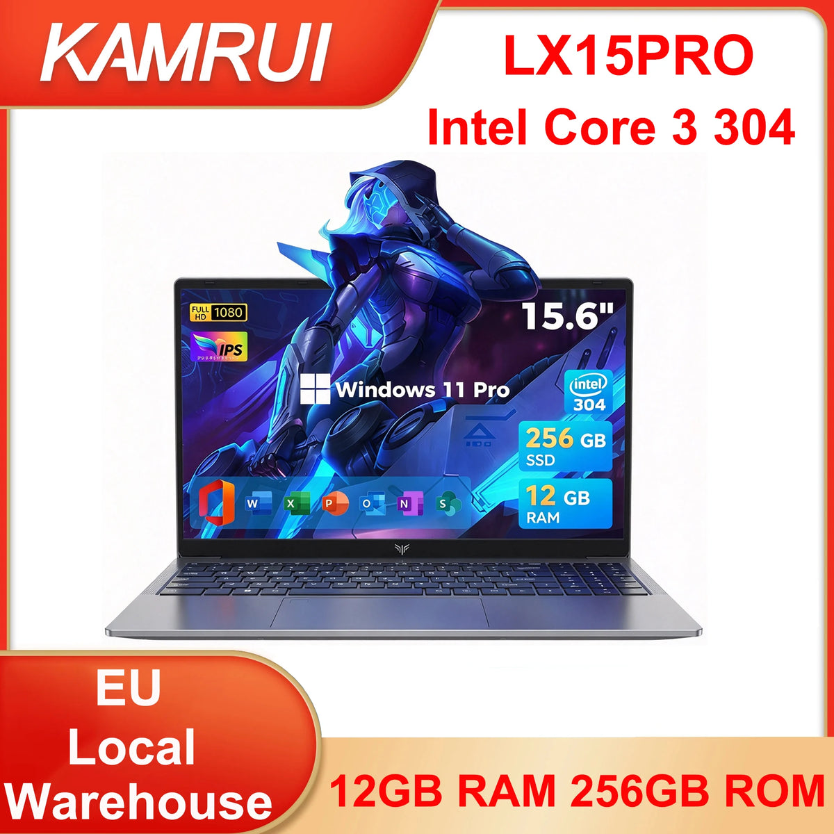KAMRUI LX15PRO, portátil con procesador Intel Core 3 304, 12 GB de RAM, 256 GB de ROM, batería de 4800 mAh, 4,3 GHz, WIFI 6, Bluetooth 5.2, ordenador para juegos, diseño ergonómico para uso en la oficina y el hogar.