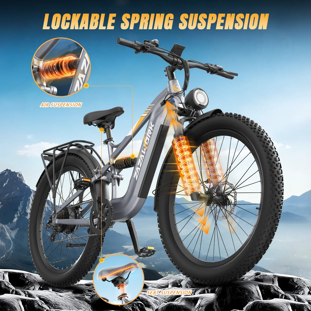 ZAZAWORK CF500 27.5' Fat Tire Full Suspension Electric Bike 250W 48V 20Ah Battery 7-Speed Hydraulic Disc Brake Up to 120km Range All-Terrain Commuter CE Certified